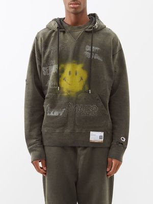 Mihara Yasuhiro - Distressed Acid-print Jersey Hooded Sweatshirt - Mens - Black