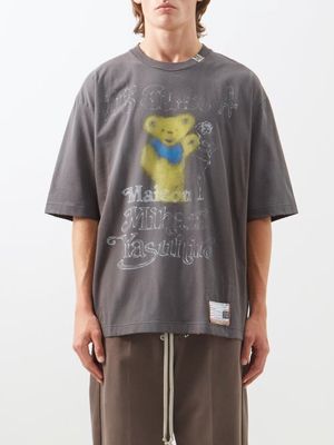 Mihara Yasuhiro - Teddy-print Distressed Cotton-jersey T-shirt - Mens - Black
