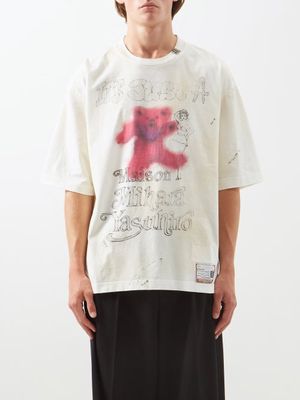 Mihara Yasuhiro - Teddy-print Distressed Cotton-jersey T-shirt - Mens - White
