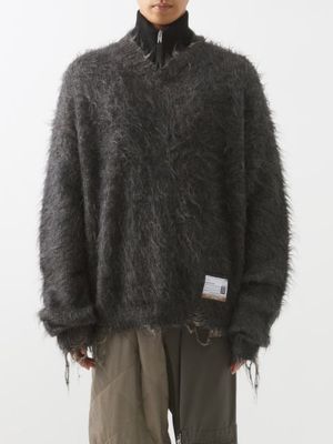Mihara Yasuhiro - V-neck Distressed Wool-blend Sweater - Mens - Charcoal