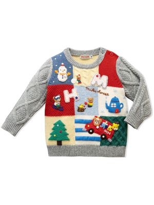 Miki House Animal Friends patchwork knitted jumper - Grey