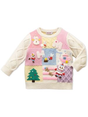 Miki House Animal Friends patchwork knitted jumper - White