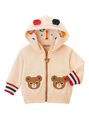 Miki House bear-embroidered cotton hooded jacket - Neutrals