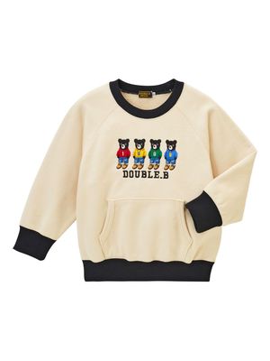 Miki House bear-embroidered cotton sweatshirt - Neutrals