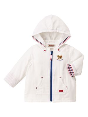 Miki House bear-embroidered zipped hooded jacket - White