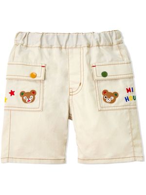 Miki House embroidered-logo bear-patch shorts - White