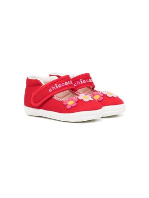Miki House floral-embroidery touch-strap ballerina shoes - Red