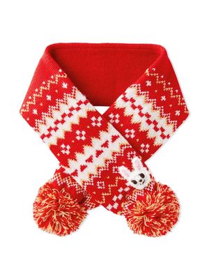 Miki House intarsia-knit pompom scarf - Red