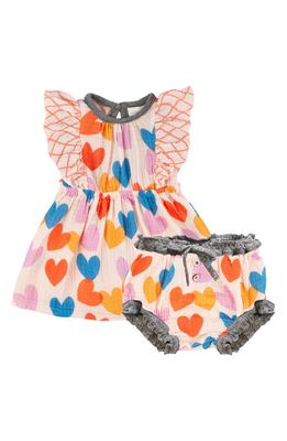 Miki Miette Heart Ruffle Short Sleeve Cotton Dress & Bloomers in Pink