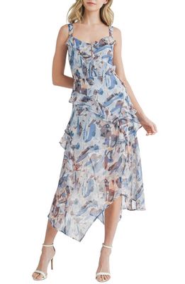 Mila Mae Asymmetric Hem Abstract Print Chiffon Dress in Blue