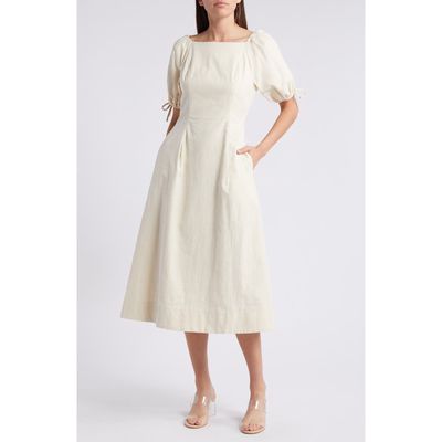 Mila Mae Bubble Sleeve Cotton & Linen Midi Dress in Cream 