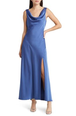 Mila Mae Cowl Neck Satin Midi Dress in Blue 