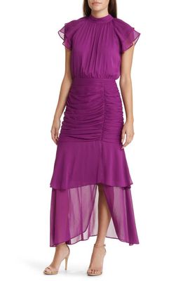 Mila Mae Ruched Ruffle Chiffon Maxi Dress in Purple
