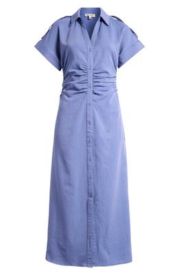 Mila Mae Ruched Spread Collar Midi Shirtdress in Blue 