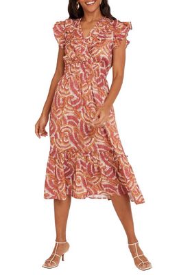 Mila Mae Shirred Waist Flutter Sleeve Dress in Rust Print