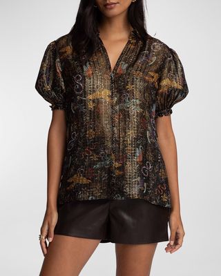 Mila Metallic Mosaic-Print Puff-Sleeve Shirt