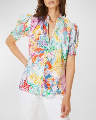 Mila Printed Puff-Sleeve Button-Down Blouse