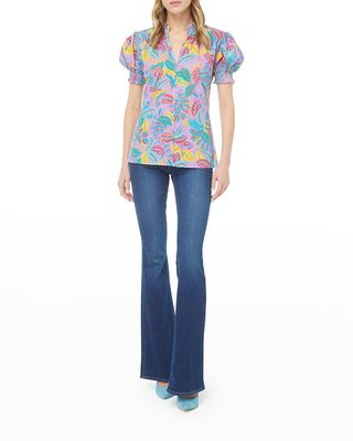 Mila Tropical-Print Puff-Sleeve Blouse