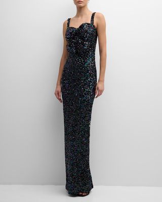 Milaya Bow-Front Sequin Sweetheart Column Gown