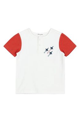 MILES BABY Kids' Fighter Jet Embroidered Colorblock Organic Cotton Henley in Off White