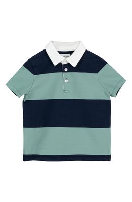 MILES BABY Kids' Stripe Short Sleeve Organic Cotton Rugby Shirt in Teal/navy 