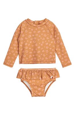 MILES THE LABEL Animal Print Long Sleeve Two-Piece Rashguard Swimsuit in 104 Camel
