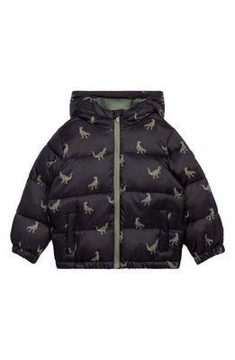 MILES THE LABEL Dino Print Packable Puffer Jacket in Black