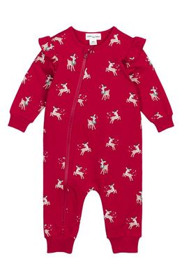 MILES THE LABEL Oh Reindeer Print Ruffle Long Sleeve Organic Cotton Romper in Red Red