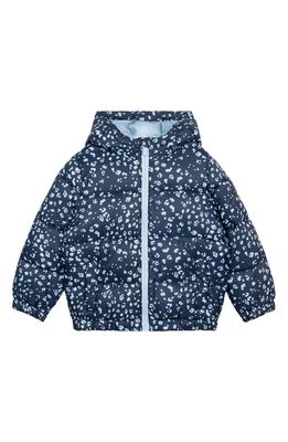 MILES THE LABEL Snow Leopard Print Hooded Quilted Packable Parka in Navy