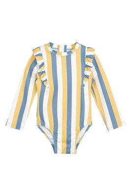 MILES THE LABEL Sunny Stripes Long Sleeve One-Piece Rashguard Swimsuit in Blue