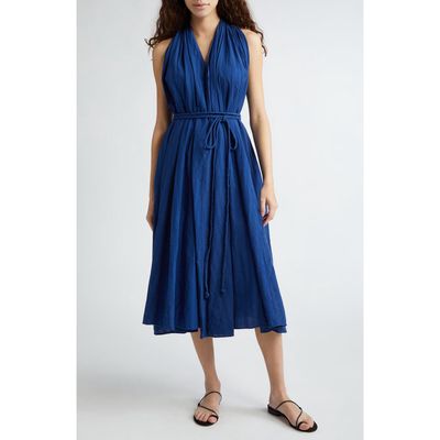 MILLE Marilyn Belted Sleeveless Cotton Midi Dress in Indigo 