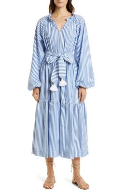 MILLE Marlo Stripe Belted Long Sleeve Cotton Midi Dress in Monaco Stripe