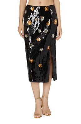 Milly 3D Floral Sequin Midi Skirt in Black Multi
