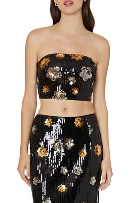 Milly 3D Floral Sequin Strapless Top in Black Multi