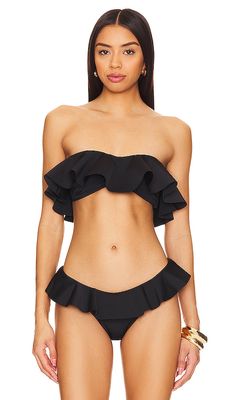 MILLY Cabana Solid Ruffle Bandeau Bikini Top in Black