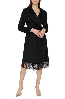 Milly Fringe Trim Wool Blend Coat in Black