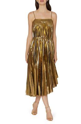 Milly Irene Pleated Asymmetric Hem Midi Dress in Gold