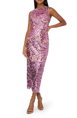 Milly Kinsley Floral Garden Sequin Midi Dress in Pink Multi