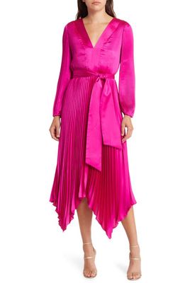 Milly Liora Long Sleeve Pleated Satin Midi Dress in Fuchsia