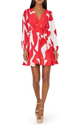 Milly Liv Grand Foliage Pleated Long Sleeve Minidress in Red/White