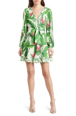 Milly Liv Paradise Palm Long Sleeve Tie Waist Dress in White Multi