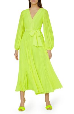 Milly Nadie Pleated Long Sleeve Maxi Dress in Citron