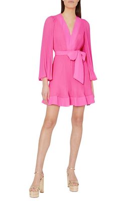 Milly Oakley Pleated Long Sleeve Tie Waist Dress in Neon Pink