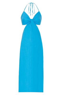 Milly Oda Cutout Linen Blend Halter Maxi Dress in Sky Blue