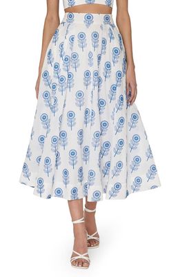 Milly Poppy Floral Embroidered Cotton Skirt in White/Blue