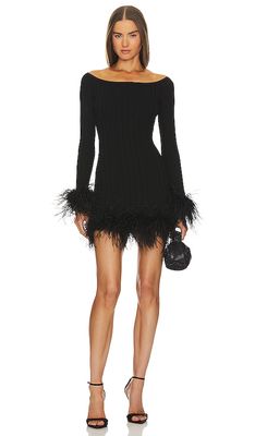 MILLY Rosette Feather Trim Mini Dress in Black