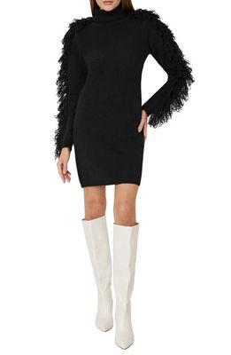 Milly Rowe Fringe Long Sleeve Sweater Minidress in Black