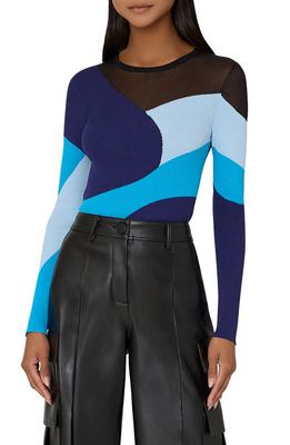 Milly Sheer Panel Colorblock Rib Sweater in Blue Multi