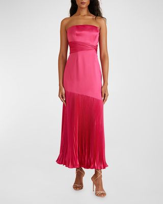 Milly Strapless Pleated Charmeuse Midi Dress