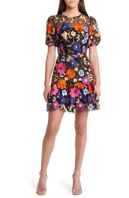 Milly Yasmin Floral Embroidered Puff Sleeve Mesh Fit & Flare Dress in Black Multi